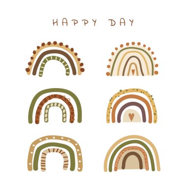 Kartpostal ve tasarım için yazılı karikatür gökkuşağı vektör boyası. Dekorasyon için güzel hava illüstrasyonu koleksiyonu