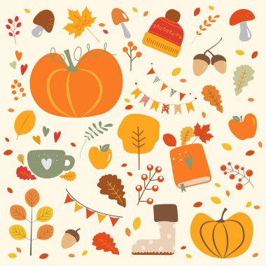 Balkabağı, kupa, kitap ve yapraklarla sonbahar renksiz deseni. Güzel sonbahar serisi çizimleri koleksiyonu