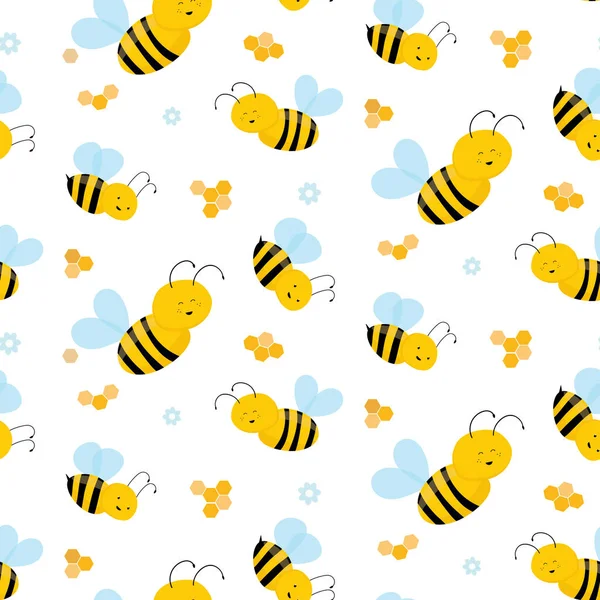 Flying Cute Bees Seamless Pattern Vector Cartoon Black Yellow Bumblebees — Vettoriale Stock