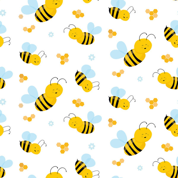 Flying cute bees seamless pattern. Vector cartoon black and yellow bumblebees isolated on white background.