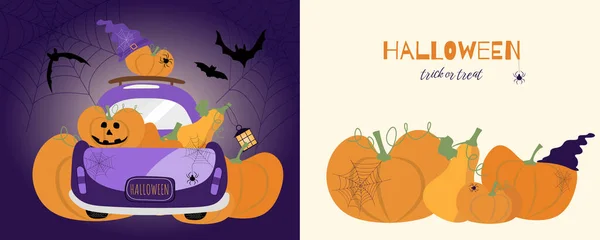 Halloween Vektor Festés Autóval Sütőtök Denevérek Ijesztő Lila Háttér Csokit — Stock Vector
