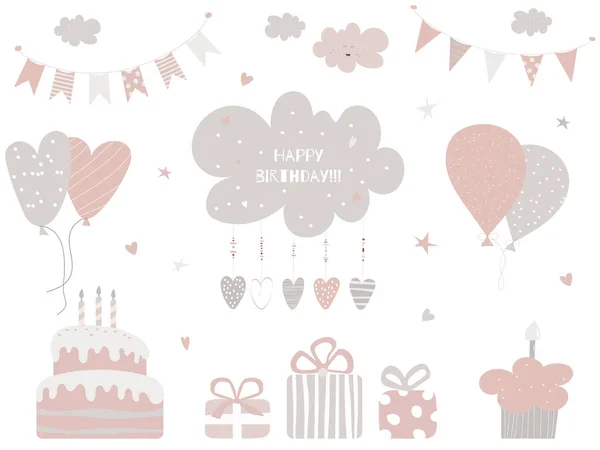 Birthday Vector Illustration Cake Gift Boxes Baloons Cute Decoration Paintings — Vetor de Stock