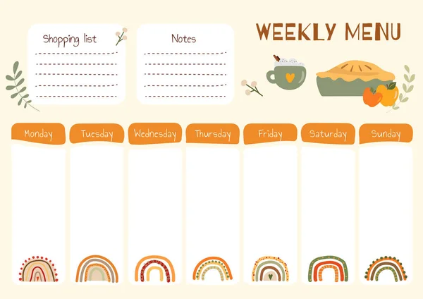 Daily Shopping List Vector Every Day Meal Menu Food Planner — Archivo Imágenes Vectoriales