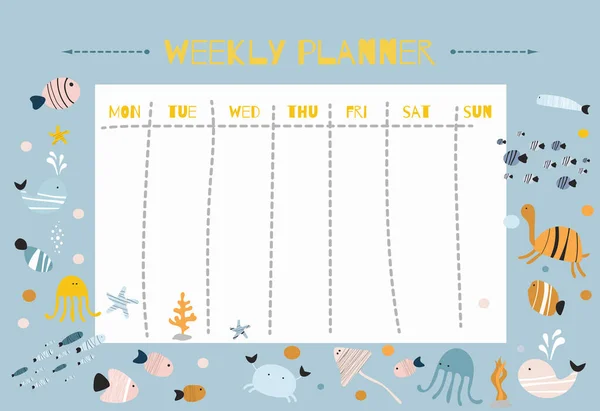 Printable Planner Template Vector Cartoon Seaworld Ocean Drawings Children Daily — Stock vektor