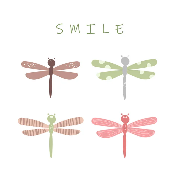 Dragonfly Cartoon Vector Paintings Set Text Smile Beautiful Butterfly Insect — Stockvektor