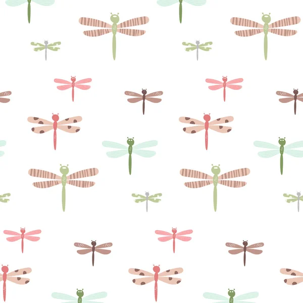 Dragonfly Cartoon Paintings Seamless Pattern Colorful Butterfly Insects Drawings Decoration — Stockvektor