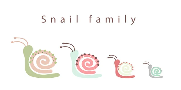 Snail Family Cartoon Vector Paintings Postcard Cute Mollusk Shell Drawings — ストックベクタ