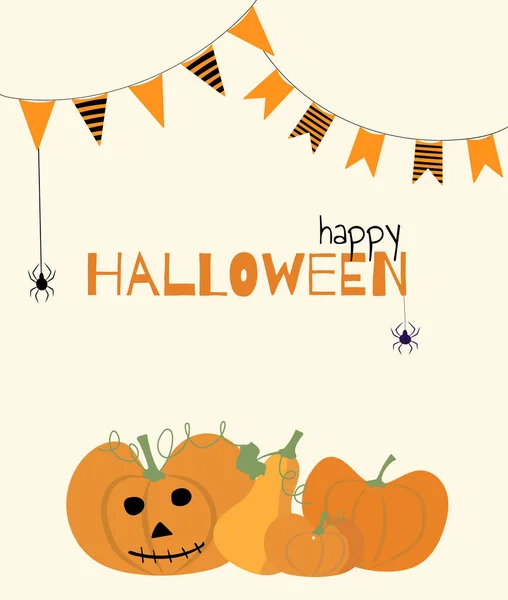 Halloween Vektor Festmény Sütőtök Pókok Fehér Háttér Narancssárga Ünnepi Szöveg — Stock Vector