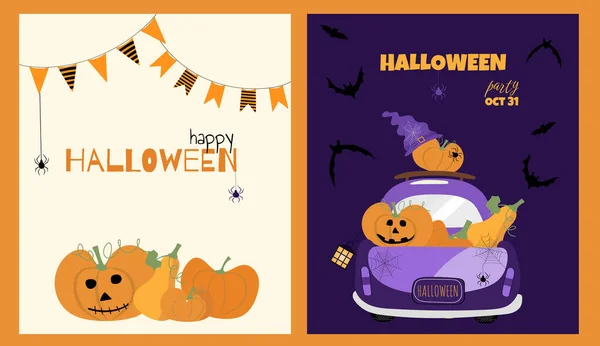 Halloween Vector Paintings Set Car Pumpkins Bats Trick Treat Postcards — Stock Vector