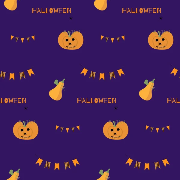 Tökfejek Boszorkánykalapot Viselnek Denevérekkel Halloween Zökkenőmentes Mintával Lila Háttérrel Őszi — Stock Vector