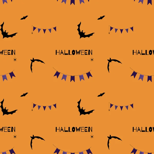 Halloween Naadloos Patroon Met Vleermuizen Webspinnen Tekst Traditionele Oranje Achtergrond — Stockvector