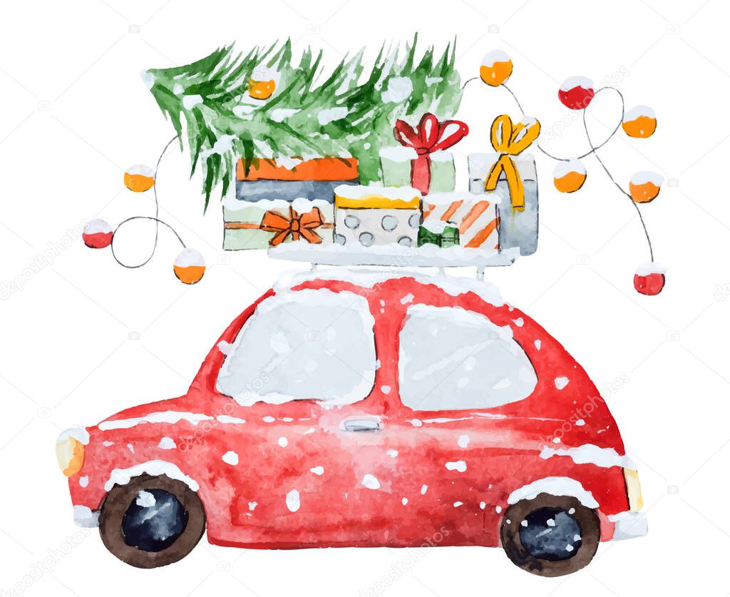 Christmas vintage car full of gifts. Vector image in watercolor style. New Year Xmas card painted with aquarelle