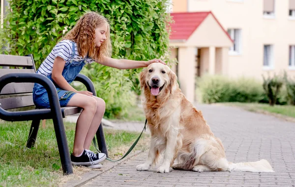 Preteen Girl Wearing Jeans Dress Golden Retriever Dog Outdoors Sitting — Photo