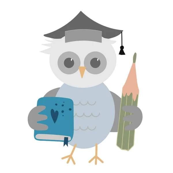 Owl Pencil Book Cartoon Illustration Symbol Knowledge Education Elementary School — Stock vektor