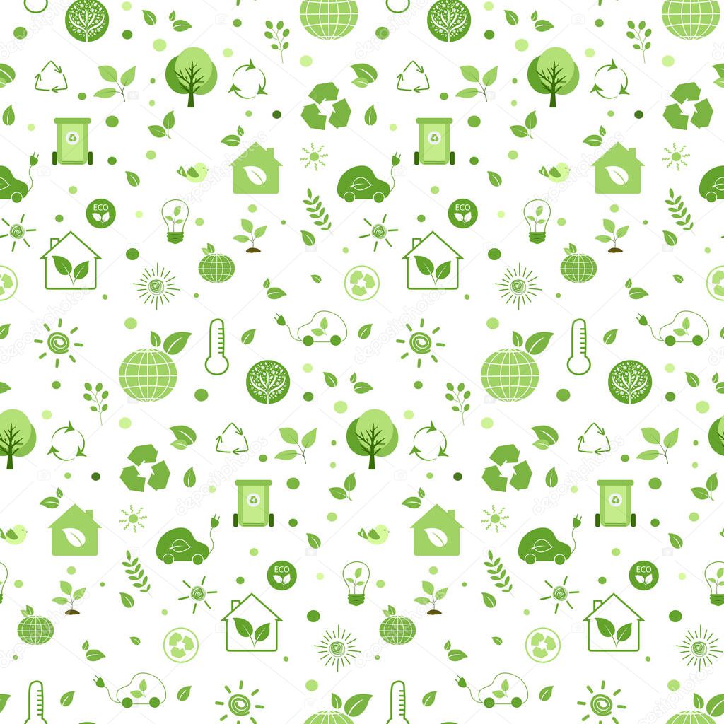 Eco friendly planet seamless pattern with ecology protection idea and recycling globe concept. Green environment design