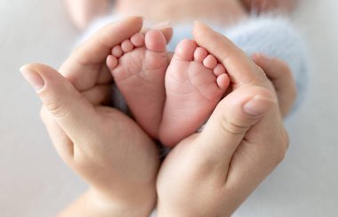 Parent hands holding tiny feet of newborn baby child. Infant kid legs and mother care love closeup portrait