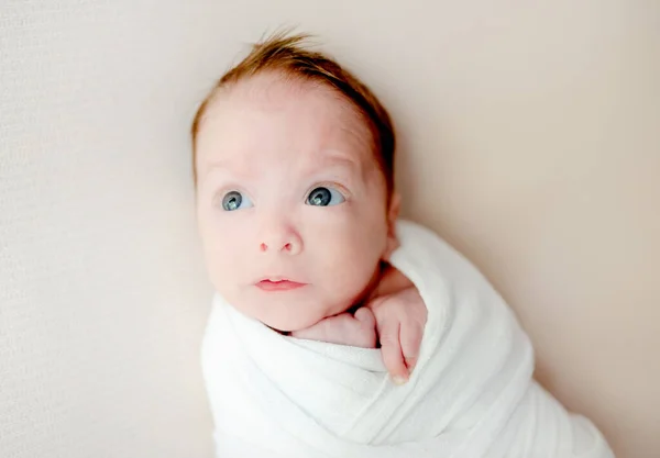 Newborn Baby Swaddled Fabric Lying Looking Back Portrait Infant Child — Zdjęcie stockowe