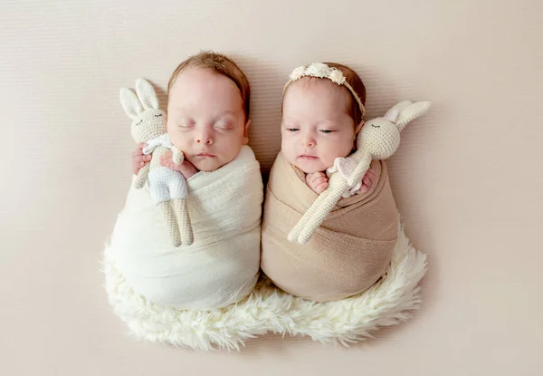 Newborn Babies Twins Swaddled Fabric Sleeping Fur Infant Child Kids —  Fotos de Stock