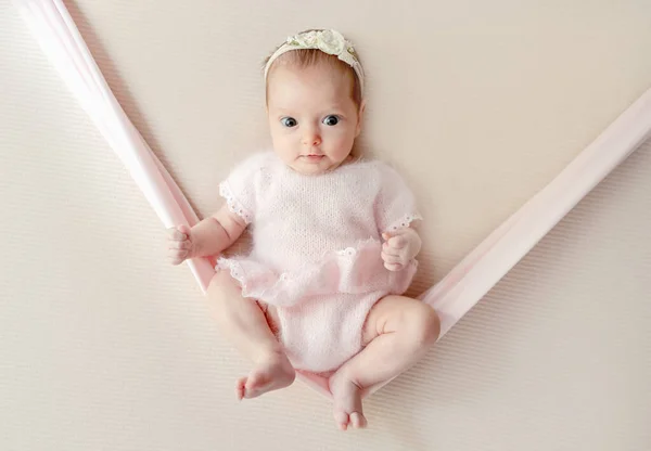 Newborn Baby Girl Wearing Pink Knitted Costume Portrait Cute Infant —  Fotos de Stock