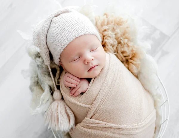 Newborn Baby Child Swaddled Fabric Sleeping Basket Sweet Infant Kid — Stock Photo, Image