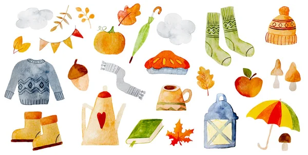 Осенние Векторные Картины Сезонными Элементами Такими Одежда Сапоги Зонтики Листья — стоковый вектор