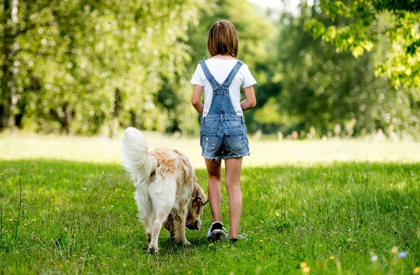 Rear View Little Girl Walking Dog Flowering Meadow Back View — Stock Photo, Image