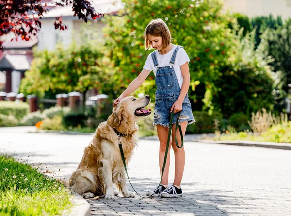 Preteen Girl Golden Retriever Dog Walking Beautiful Park Summer Cute — Stok Foto