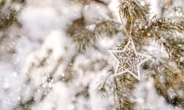 Christmas Tree Decoration Snow Forest Winer Time Outdoors Festive Star — Stock fotografie