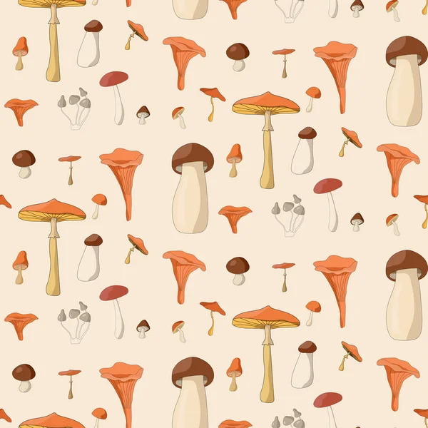 Mushrooms Watercolorseamless Pattern Illustration Different Wood Plants Fall Forest Boletus — ストックベクタ