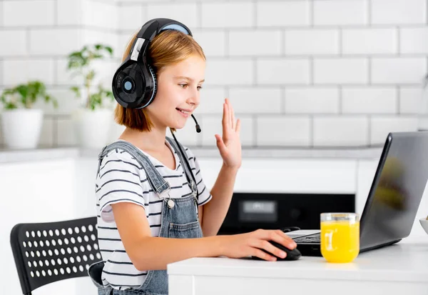 Preteen Girl Wearing Headphones Study Laptop Online Lesson Home Pandemic — Foto de Stock