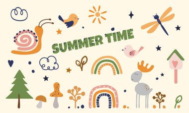 Summer day vector with forest cartoon paintings with rainbow, elk and dragonfly for postcards decoration. Trendy set of cute kid baby drawings with snail and clouds