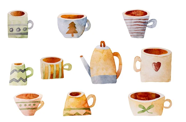 Beautiful Cups Watercolor Illustration Symbol Warm Autumn Beverage Variaty Aquarelle — 스톡 사진