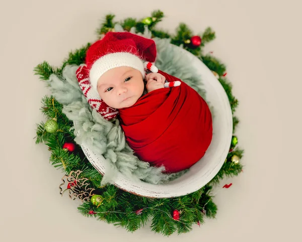 Newborn Baby Boy Swaddled Fabric Wearing Knitted Santa Hat Lying — Stock Fotó