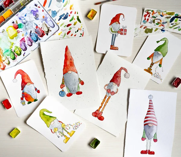 Christmas Cards Painted Dwarfs Santa Claus Helpers Lying Table Watercolor — Stock Photo, Image