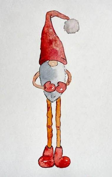 Christmas Card Cute Dwarf Santa Claus Helper Painted Watercolor New — ストック写真