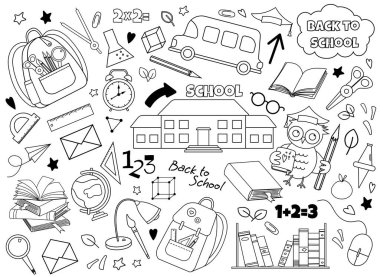 Back to school vector painting with college supplies, building and books. Education graphic design as concept of knowledge and creativity