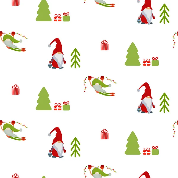 Cartoon Santa Elfs Seamless Pattern Christmas New Year Decoration Cute —  Vetores de Stock