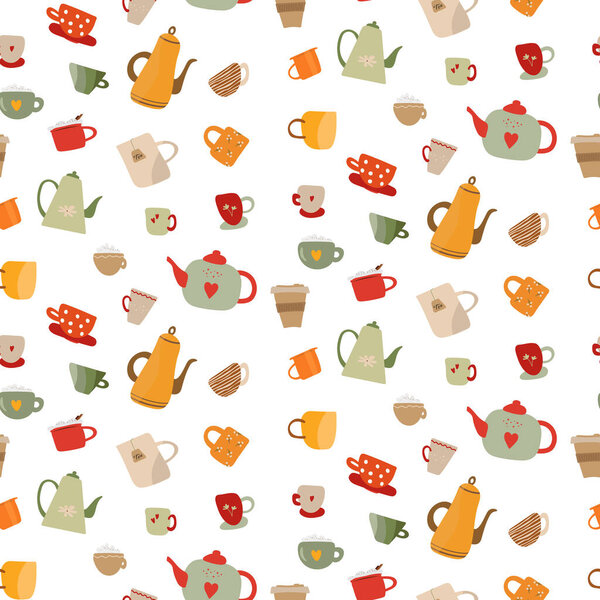 Mugs and kettles in different design seamless pattern for design. Tea and coffee time cartoon paintings set with colorful cups