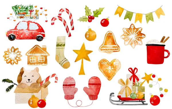 赤い車 クリスマスツリーとそりで設定されたクリスマスの図面水彩画 ココアマグス 星と贈り物と新年のお祝いの絵画 — ストック写真