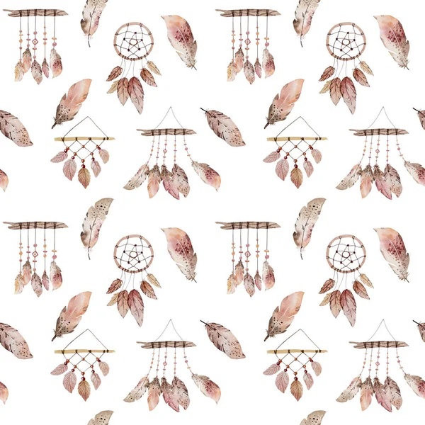 Dream catcher watercolor drawings with indian feather, rainbow and moon in boho style seamless pattern. Sleep symbols collection with aztec ornaments