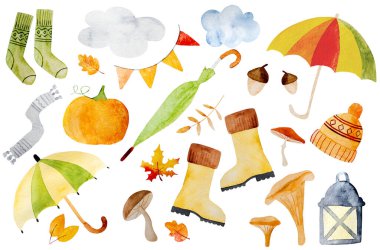 Fşemsiyeli, balkabaklı, botlu ve bulutlu sonbahar akvaryum resimleri. Mevsimlik sonbahar suluboya çizimleri, yapraklar, mantarlar ve şapkalar