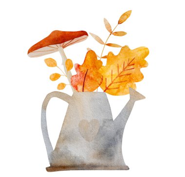 Sonbahar suluboya çizimleri, çaydanlık ve sarı portakal yaprakları ve mantar buketi. Akarik ve botanik sonbahar buketli Aquarelle ilüstrasyonu
