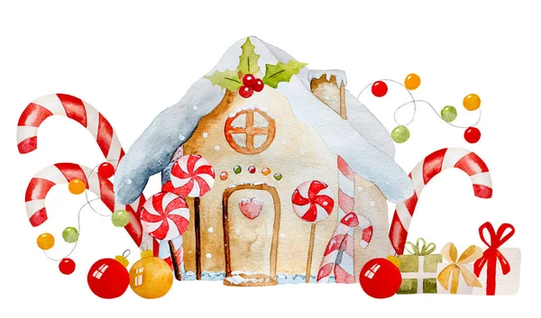 水彩で描かれ 白い背景に隔離された漫画家とクリスマスカード 美しいクリスマスで新年のお祝いの芸術は アクエラレで描かれた家を飾る — ストック写真