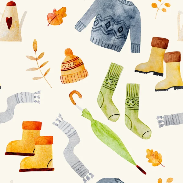 Herbstliche Aquarellbilder Mit Herbstkleidung Als Pullover Mütze Und Socken Kollektion — Stockfoto