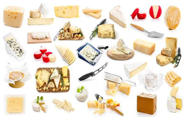 Collage Différents Types Fromages Sur Fond Blanc — Photo