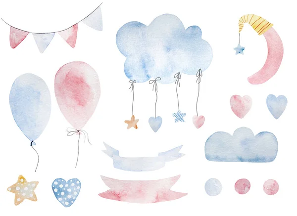 Sweet dreams watercolor painting with moon, cloud and balloons for baby girl and boy. Cute aquarelle drawings for kid postcards and greeting