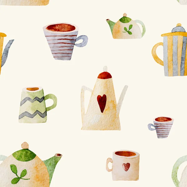 Cups Kettles Watercolor Paintings Seamless Pattern Beautiful Mugs Collection Symbol — Stockfoto