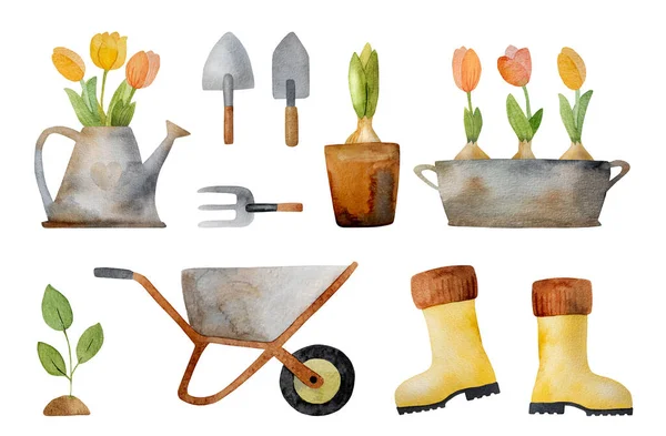 チューリップの花束 ツールやゴムブーツ水彩画と春の庭セット カート 散水が可能なかわいい水彩画 — ストック写真