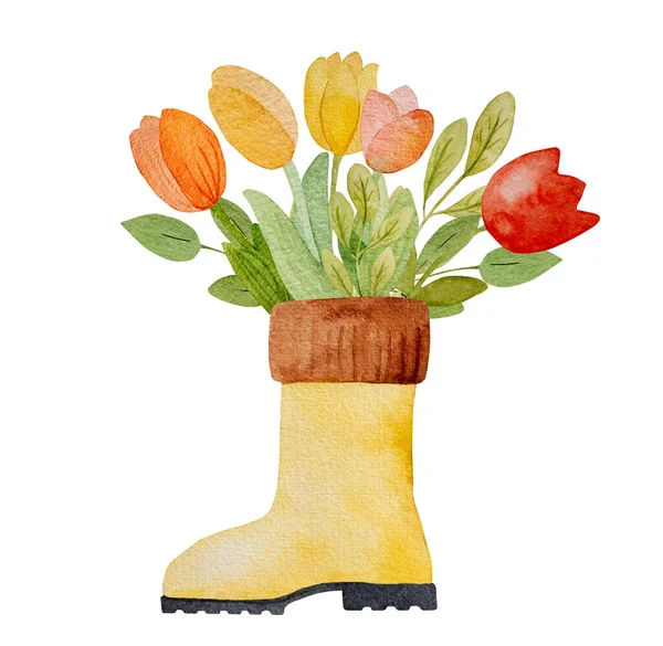 Spring Tulips Bouquet Yellow Garden Boot Watercolor Drawing Postcard Beautiful — Stock Photo, Image