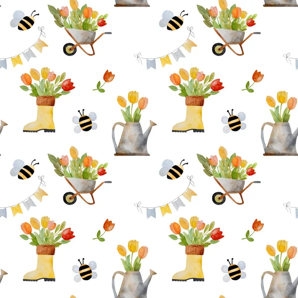 Frühling Aquarell Set Mit Tulpenstrauß Gummistiefel Und Gießkanne Bienen Nahtloses — Stockfoto